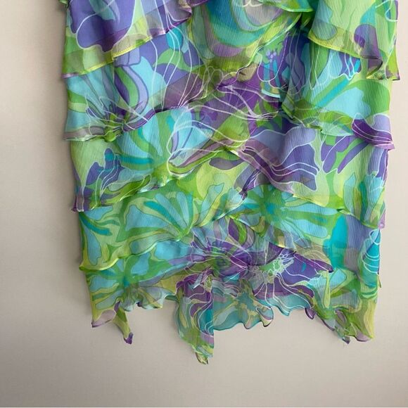 Tadashi Shoji Y2K Floral Tiered Ruffle Silk Watercolor Sleeveless Dress - Picture 3 of 11